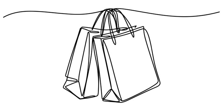 Continuous single line drawing of two shopping bags for gifts or retail products isolated on a white background for e-commerce and marketing themes Vector, illustration
