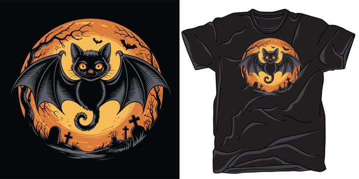 Spooky Bat Cat Halloween T-Shirt Design Vector Illustration Featuring a Cute Black Kitty With Wings Flying in Front of a Full Moon and Graveyard