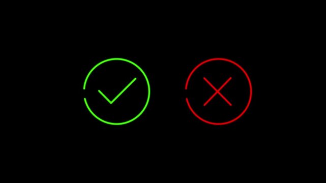 Minimalist animated green checkmark and red cross icons inside circles isolated on white background for correct wrong answer selection and quiz motion.4K