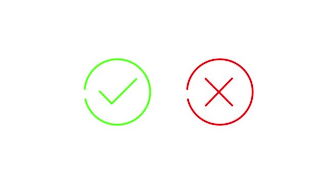 Minimalist animated green checkmark and red cross icons inside circles isolated on white background for correct wrong answer selection and quiz motion.4K