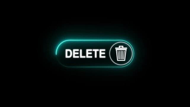Confident businessman presses glowing DELETE button with trash icon.