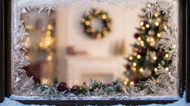 Christmas wreath and blurred tree lights seen through a snowy frost patterned window with frosted window snowy glass holiday decor window pane bokeh effect winter view festive background
