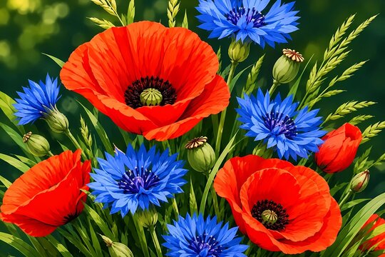 Close-up vector illustration of beautiful red poppy flowers and blue cornflowers.