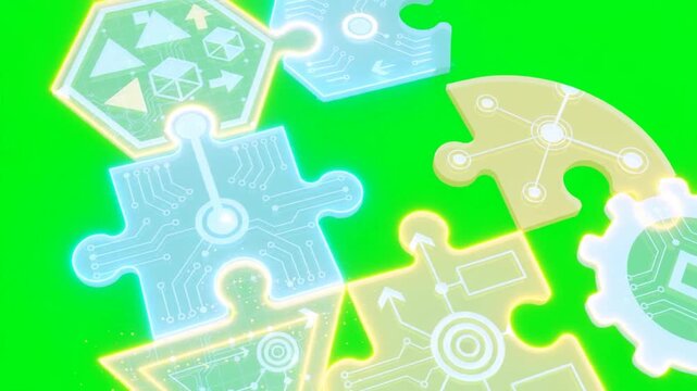 Holographic puzzle pieces connecting digital interface. Glowing glowing futuristic tech elements and circuit patterns. Digital concept illustration isolated on transparent background.