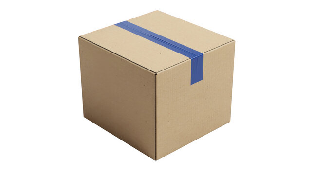 Cardboard box sealed with blue tape on a plain surface for shipping and storage solutions