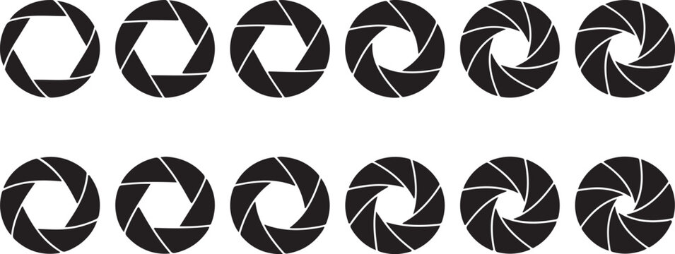 Set of camera aperture iris blades icons in various stages of opening and closing with shutter speed