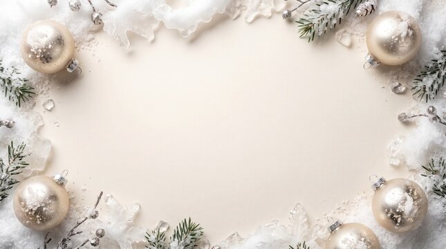 Christmas festive background frame with silver baubles and pine branches on snowy surface holiday decoration winter season christmas ornaments seasonal greeting copy space christmas