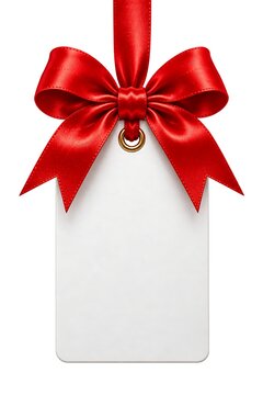 Vibrant red silk ribbon tied into an elegant bow hanging above a blank white paper gift tag with golden eyelet against isolated background