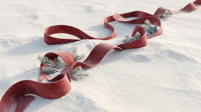 Red velvet ribbon curl with winter foliage on a sparkling snow background christmas decoration holiday ribbon seasonal accent gift wrapping festive decor sparkling christmas decoration