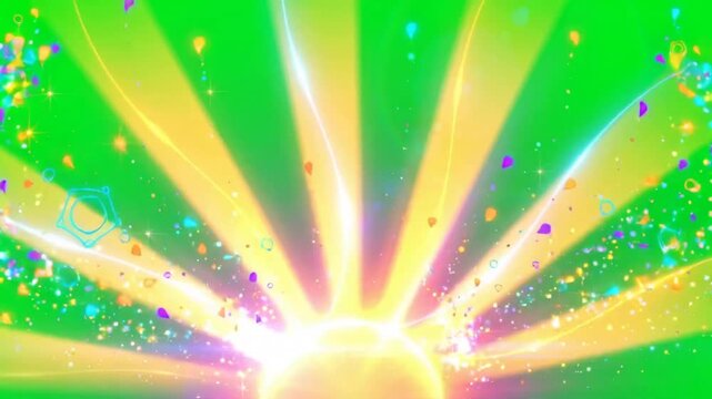 Sunburst burst light rays background transparent PNG image. Features glowing yellow beams and colorful confetti particles on alpha channel. Bright sunshine rays for festive graphic use.