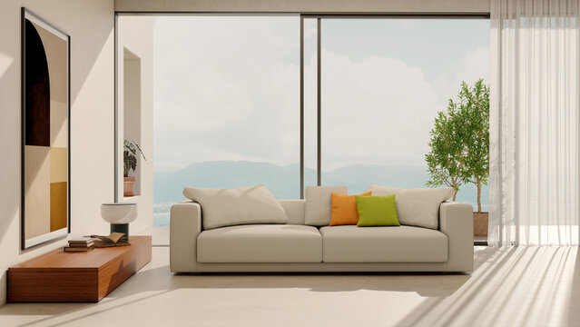 3D rendering, 3d illustration, Large Luxury modern living room realistic lighting,  Graphic Overlay wide angle, contemporary furniture, clean lines, minimalist decor, elegant home design, large window