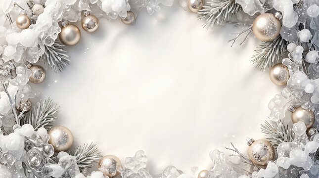 Luxury christmas holiday background with silver decorative ornaments and frosty fir branches winter wonderland festive decoration christmas frame seasonal celebration copy space christmas