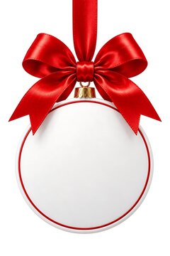 Blank round Christmas ornament mockup featuring elegant red ribbon bow hanging against clean white background creating festive holiday template design for greeting cards