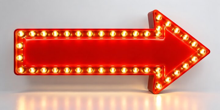 Glowing red arrow sign with vintage light bulbs pointing right against a bright studio wall background displaying direction concept for business advertising presentations