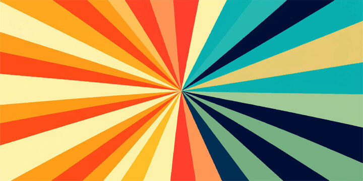 Retro Sunburst Background vibrant and dynamic retro sunburst graphic, featuring a radiant explosion of warm orange, yellow, and cool blue hues emanating from a central point.