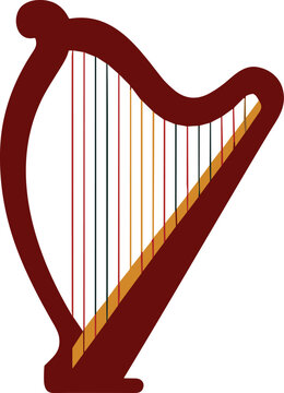 Isolated illustration of a classical concert harp with red frame and colorful strings