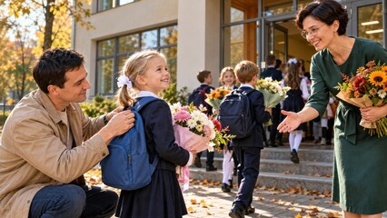 Fototapeta premium Parent adjusting a child backpack as a teacher welcomes students to school