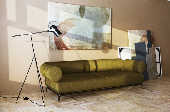 Stylish living room interior with olive green leather couch, herringbone parquet floor, abstract art and tripod lamp