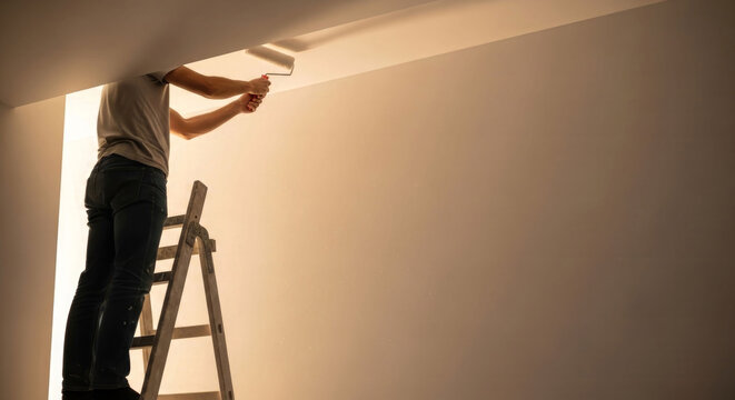 Man painting a ceiling with a roller while standing on a ladder, home renovation, interior improvement and DIY maintenance concept with copy space.