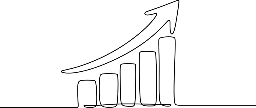 Continuous single line drawing of a rising bar chart graph showing business growth and financial success in a simple minimalist black and white style isolated on transparent background