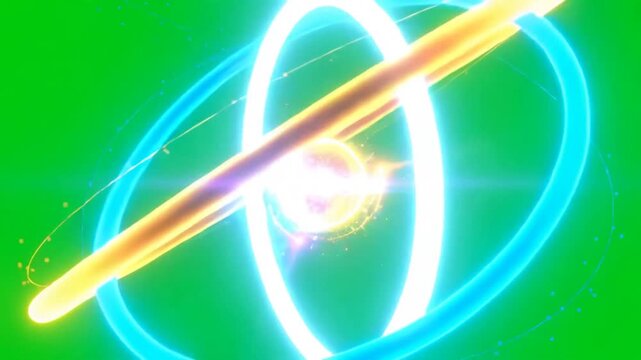 Energy sphere and orbital rings graphic. Glowing light orb with blue, white, and golden circular energy orbits. Dynamic science fiction effect isolated on transparent background.