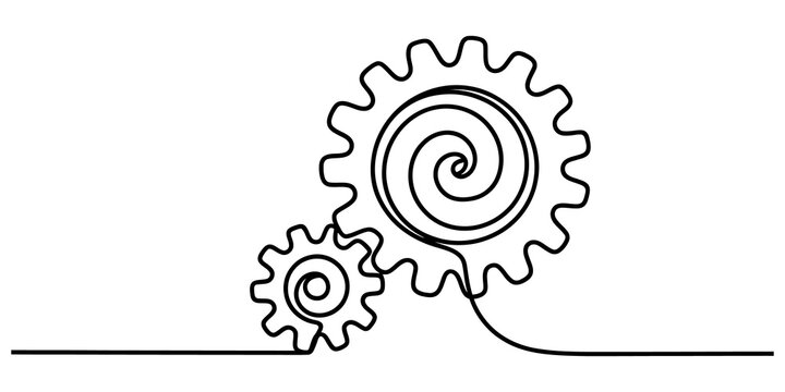 Continuous single line drawing of two connected mechanical gears showing teamwork and engineering progress in a simple black and white vector style isolated on transparent background