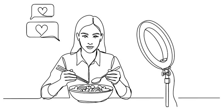 Young woman eating food while recording a video blog with a ring light and social media heart icons in a simple black and white line art illustration isolated on transparent background