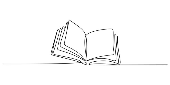 Open book drawn in a single continuous line style showing pages and binding for education and reading themes as a minimalist artistic vector illustration isolated on transparent background