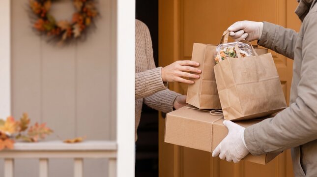 Courier delivering Thanksgiving food packages at a front door, food delivery service