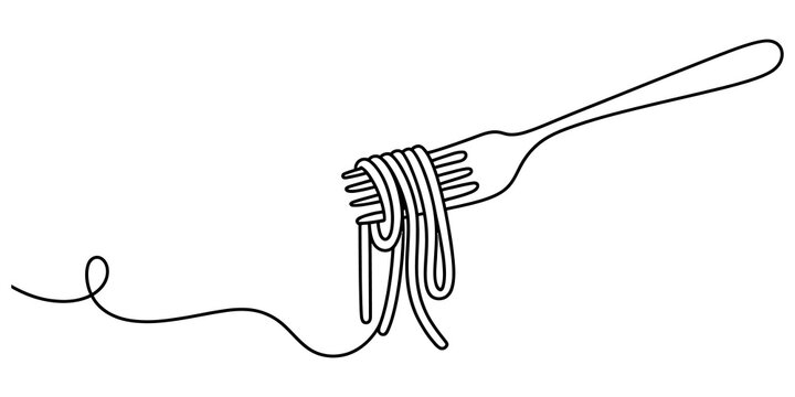 Continuous line drawing of a fork with spaghetti pasta noodles wrapped around it as a simple food icon for restaurant menu design and kitchen branding isolated on transparent background
