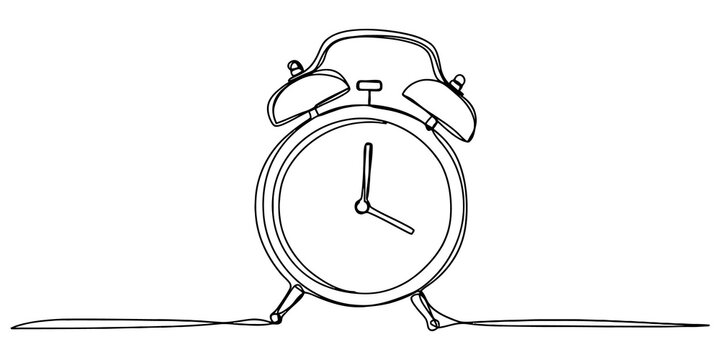 Continuous single line drawing of an old fashioned alarm clock showing the time isolated on transparent background