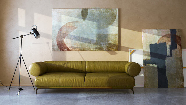 Modern living room interior with olive green leather sofa, abstract paintings, black tripod floor lamp and concrete floor in