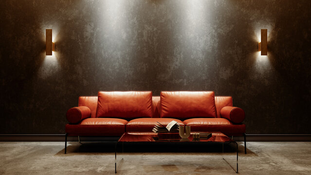 Modern living room interior with orange leather sofa, glass coffee table and dark stucco wall
