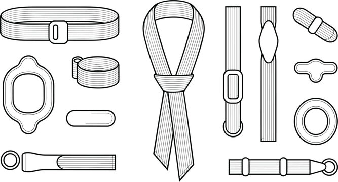 Set of various textile strap accessories and buckle fasteners for apparel and equipment design