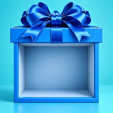 Bright blue gift box featuring empty interior space and large satin ribbon bow sitting perfectly centered against matching vibrant studio background lighting for promotional product displays
