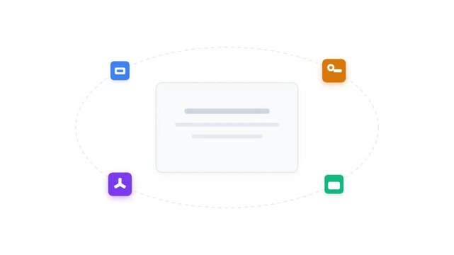 An abstract illustration depicting a central data card or content block surrounded by four distinct application icons connected by a dashed oval line, symbolizing integration and data flow.