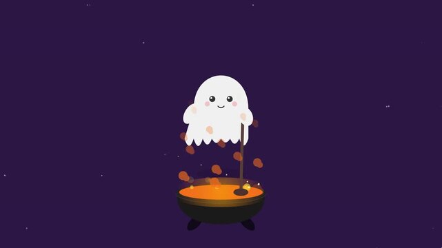 Cute Halloween ghost stirring bubbling magic potion cauldron animation background