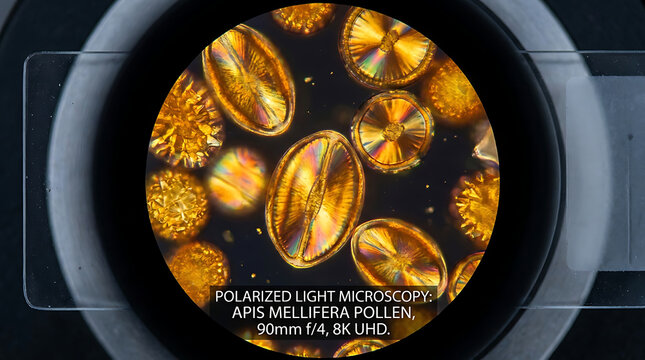 Honeybee pollen granules viewed through a polarized light microscope