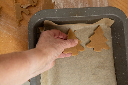 hand placing an unbaked gingerbread cookie onto the baking sheet