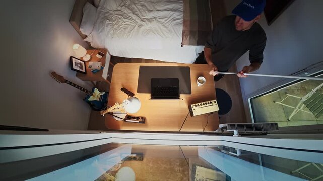 Man closing the window roller shutter in his bedroom from a top view perspective