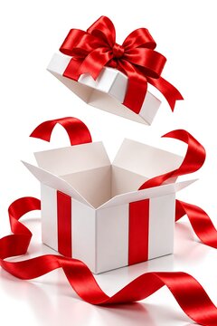 Elegant white gift box opening with vibrant glossy red ribbon bow floating above isolated on pure white studio background showcasing celebration themes