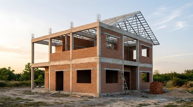 Unfinished residential building with reinforced concrete columns, brick walls and galvanized steel roof framework at golden hour
