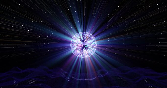 Glowing Disco Ball with Purple Light Rays and Futuristic Wireframe Waves