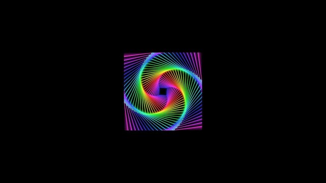 Hypnotic Rainbow Spiral within a Square Frame on Black Background