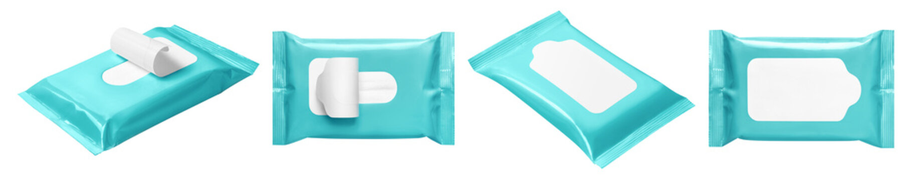 Collection of wet wipes packaging mockups with open and closed lids, isolated on transparent cutout background