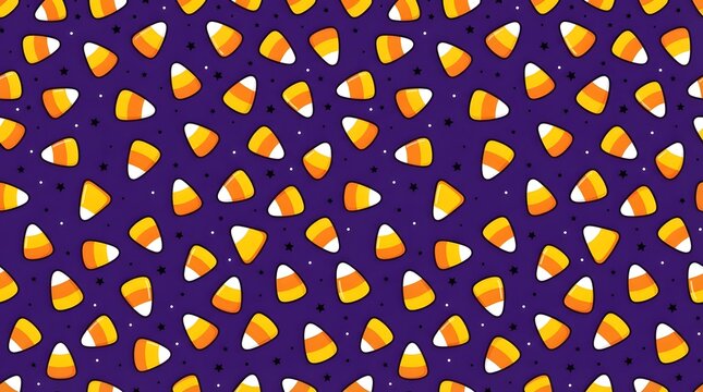 Candy corn pattern background featuring scattered sweets and white star accents on purple field.