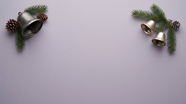 Christmas bells with pine branches and cones on a soft purple