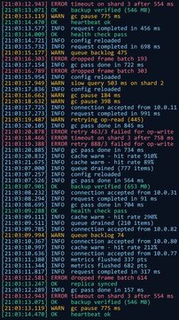 Vertical terminal screen streams dense server logs with timestamps and color-coded INFO WARN ERROR messages. Errors and retries surface amid routine activity. Monitoring and DevOps theme.