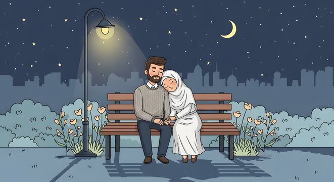 Muslim Couple Sitting on a Park Bench at Night
Romantic Evening by the Streetlamp with a City Skyline
Hijab-Wearing Woman Resting on Her Husband's Shoulder Under a Crescent Moon