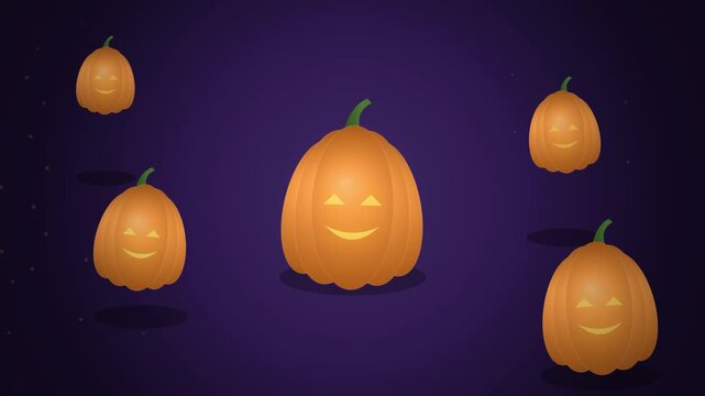 Halloween parade of glowing carved pumpkins floating in darkness with cheerful faces